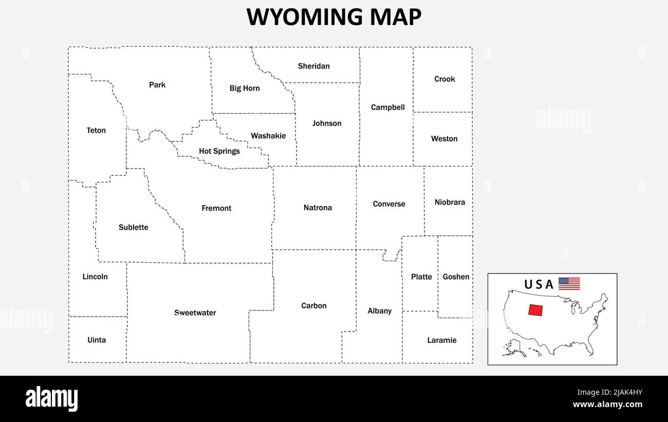 Wyoming Map. State and district map of Wyoming. Administrative map of Wyoming with district and capital in white color. Stock Vector