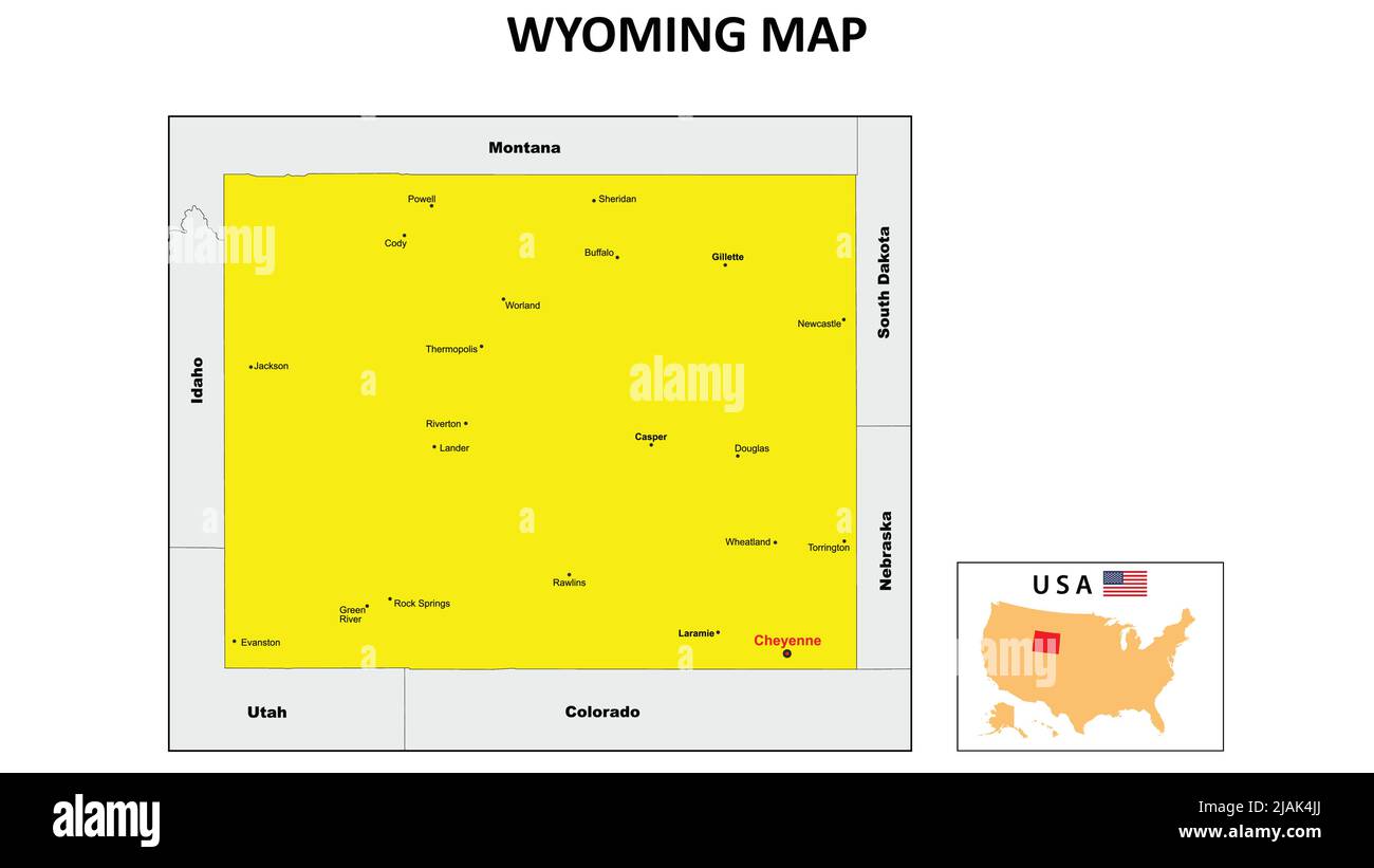 Wyoming Map. State and district map of Wyoming. Political map of Wyoming with neighboring countries and borders. Stock Vector