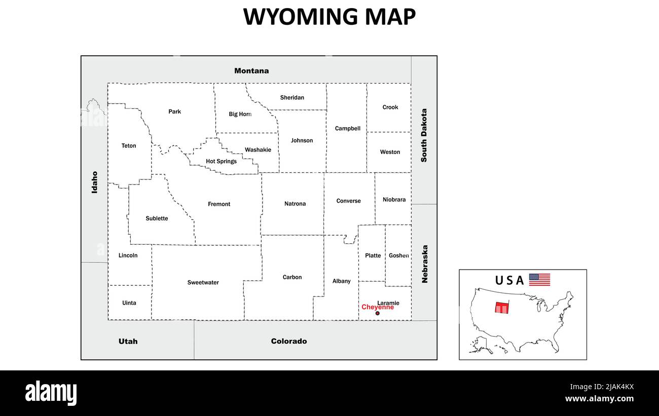 Wyoming Map. State and district map of Wyoming. Political map of Wyoming with neighboring countries and borders in white color Stock Vector
