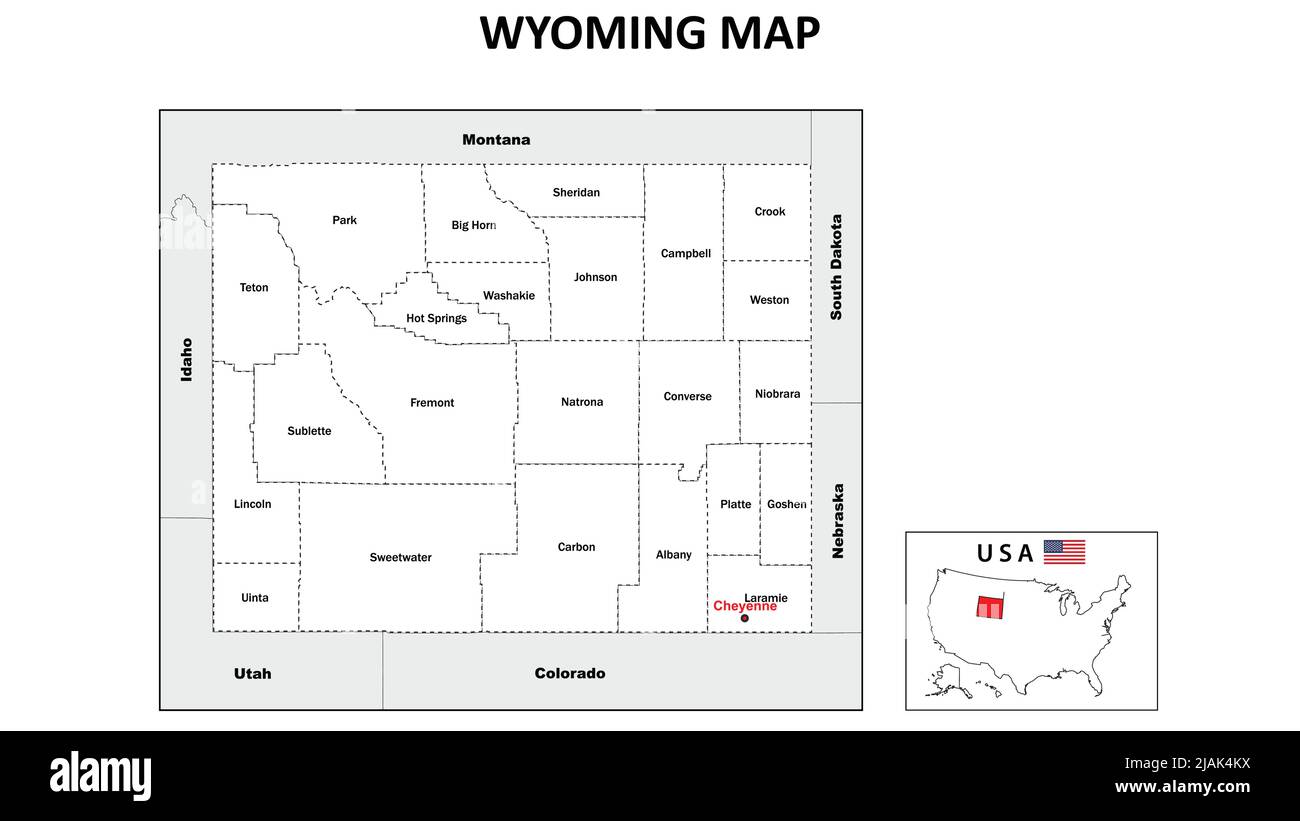 Wyoming Map State And District Map Of Wyoming Political Map Of   Wyoming Map State And District Map Of Wyoming Political Map Of Wyoming With Neighboring Countries And Borders In White Color 2JAK4KX 