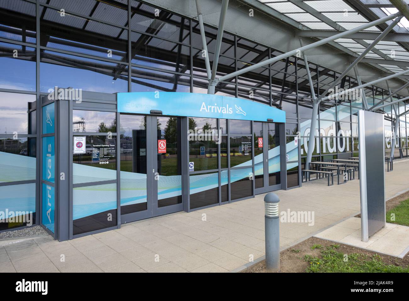 Arrivals glass door at London Southend Airport (SEN) terminal in UK