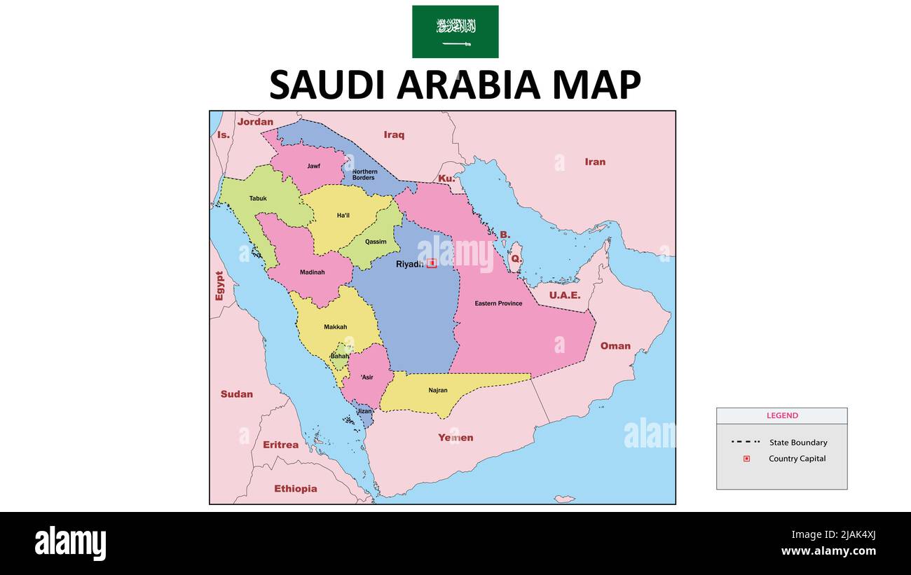 Saudi Arabia Map. Political map of the Saudi Arabia. colorful Saudi Arabia Map with neighboring countries names and borders. Stock Vector