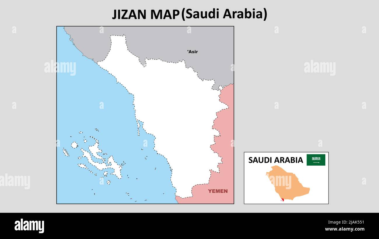 Jizan Map. Political map of Jizan. Jizan Map of Saudi Arabia with neighboring countries and borders. Stock Vector