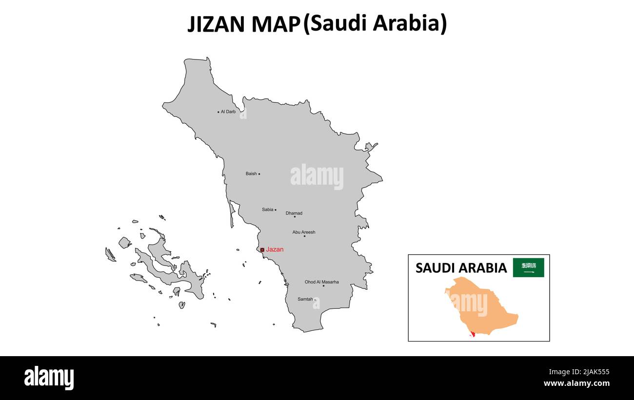 Jizan Map. Jizan Map of Saudi Arabia with color background and all states names. Stock Vector