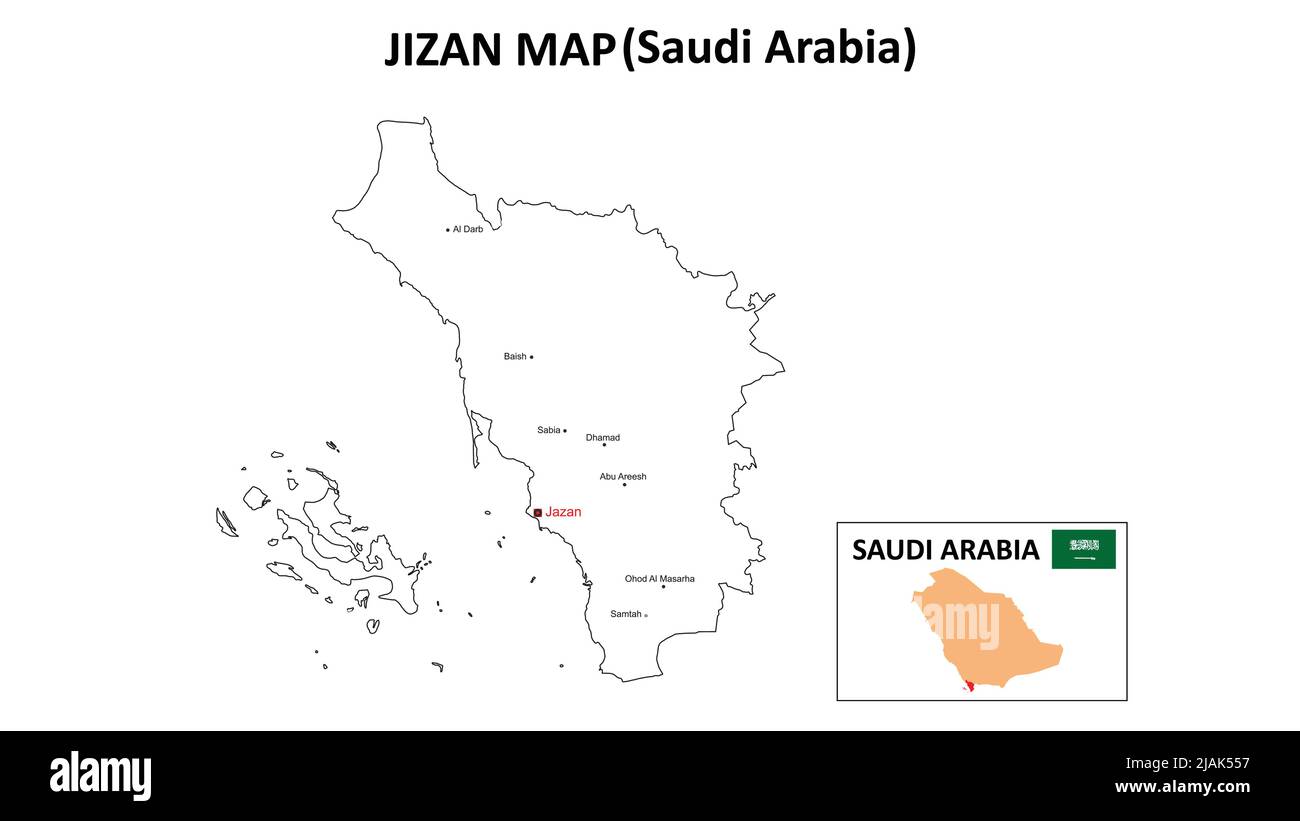 Jizan Map. Jizan Map of Saudi Arabia with white background and all states names. Stock Vector