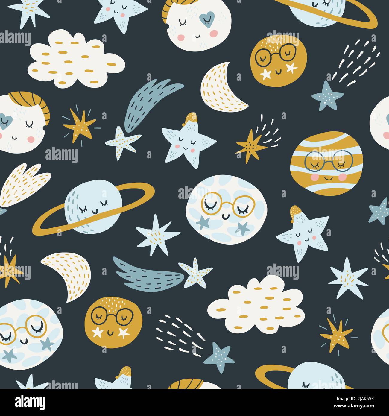 Seamless childish pattern with funny planet characters. Trendy space ...