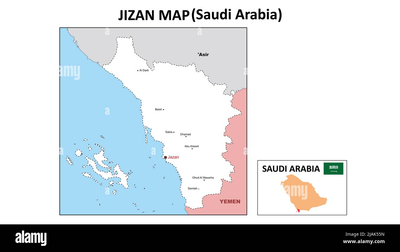 Jizan map. Political map of Jizan. Jizan Map of Saudi Arabia with white color. Stock Vector