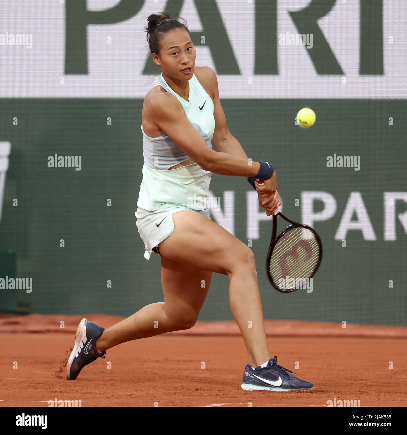 Paris, France - May 30, 2022, Zheng Qinwen of China during day 9 of  Roland-Garros 2022, French Open 2022, second Grand Slam tennis tournament  of the season on May 30, 2022 at