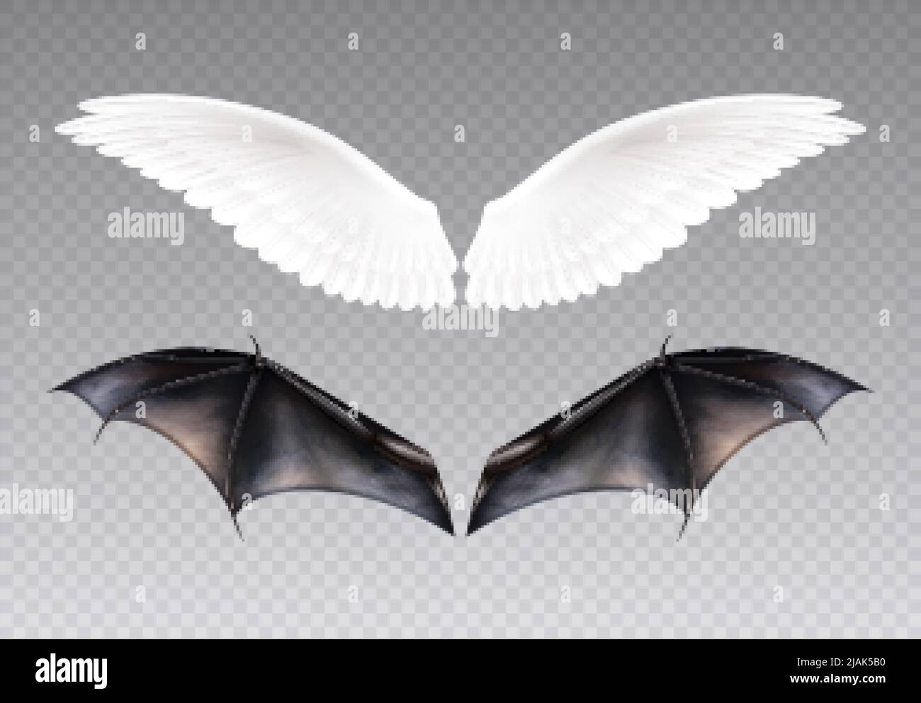 Set with isolated daemon and angel wings realistic images with skin and ...