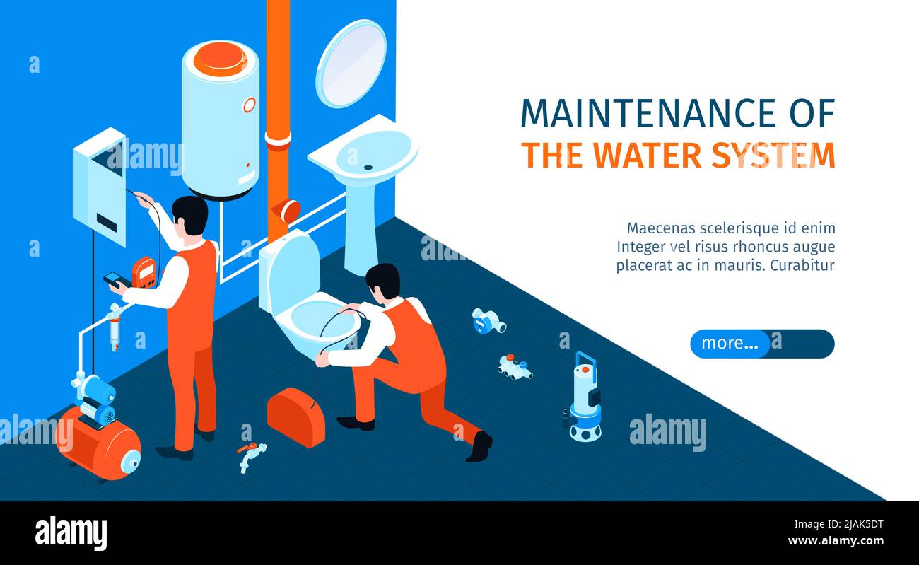 Pumps machinery horizontal banner with water system maintenance symbols isometric vector