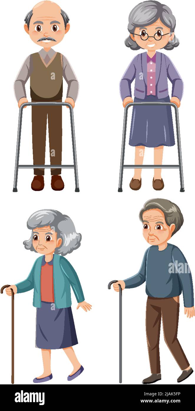 Different four senior people cartoon characters illustration Stock Vector