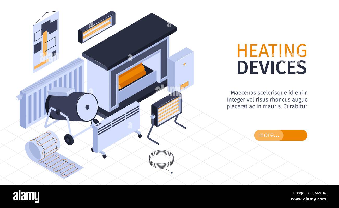 Heating system and boiler horizontal banner with convector and fireplace isometric vector illustration Stock Vector