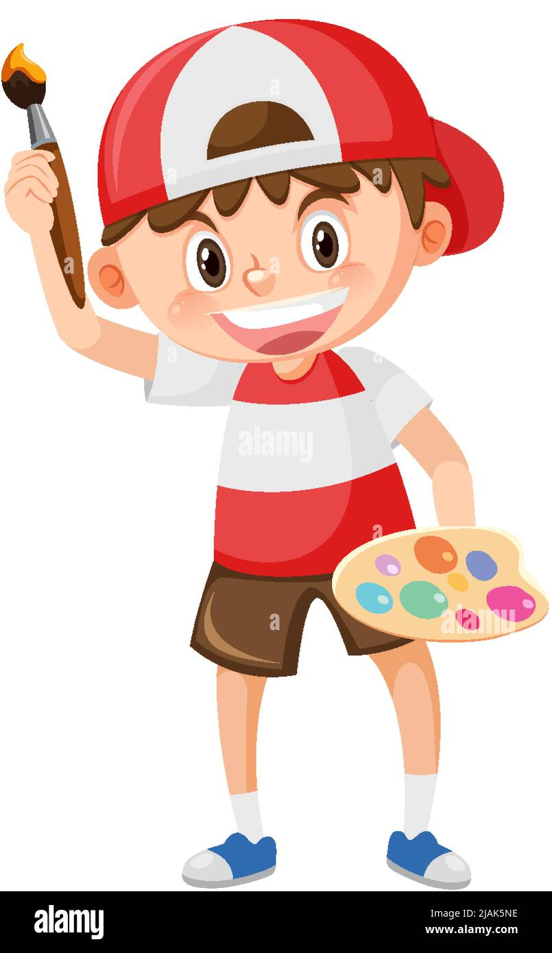 Cute boy holding brush and colour palette illustration Stock Vector ...