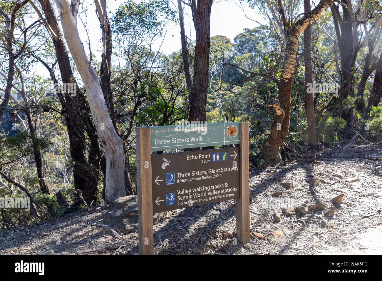 Three Sisters walk in the Blue Mountains national park NSW, with parks signboard giving
