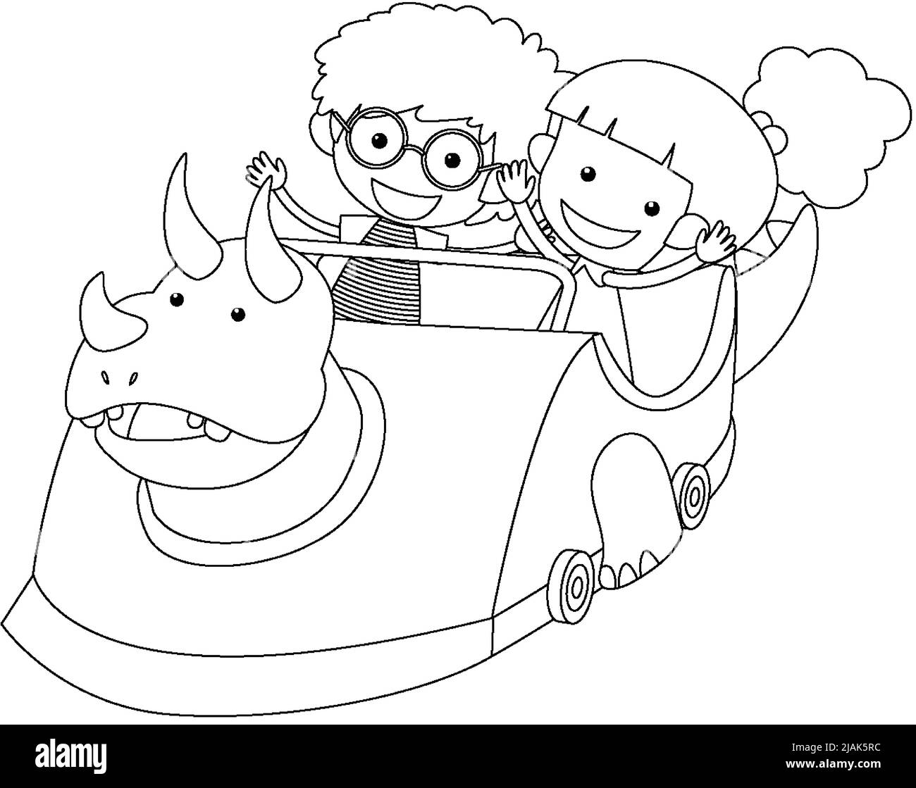 Kids in dinosaur racing car  black and white doodle character illustration Stock Vector