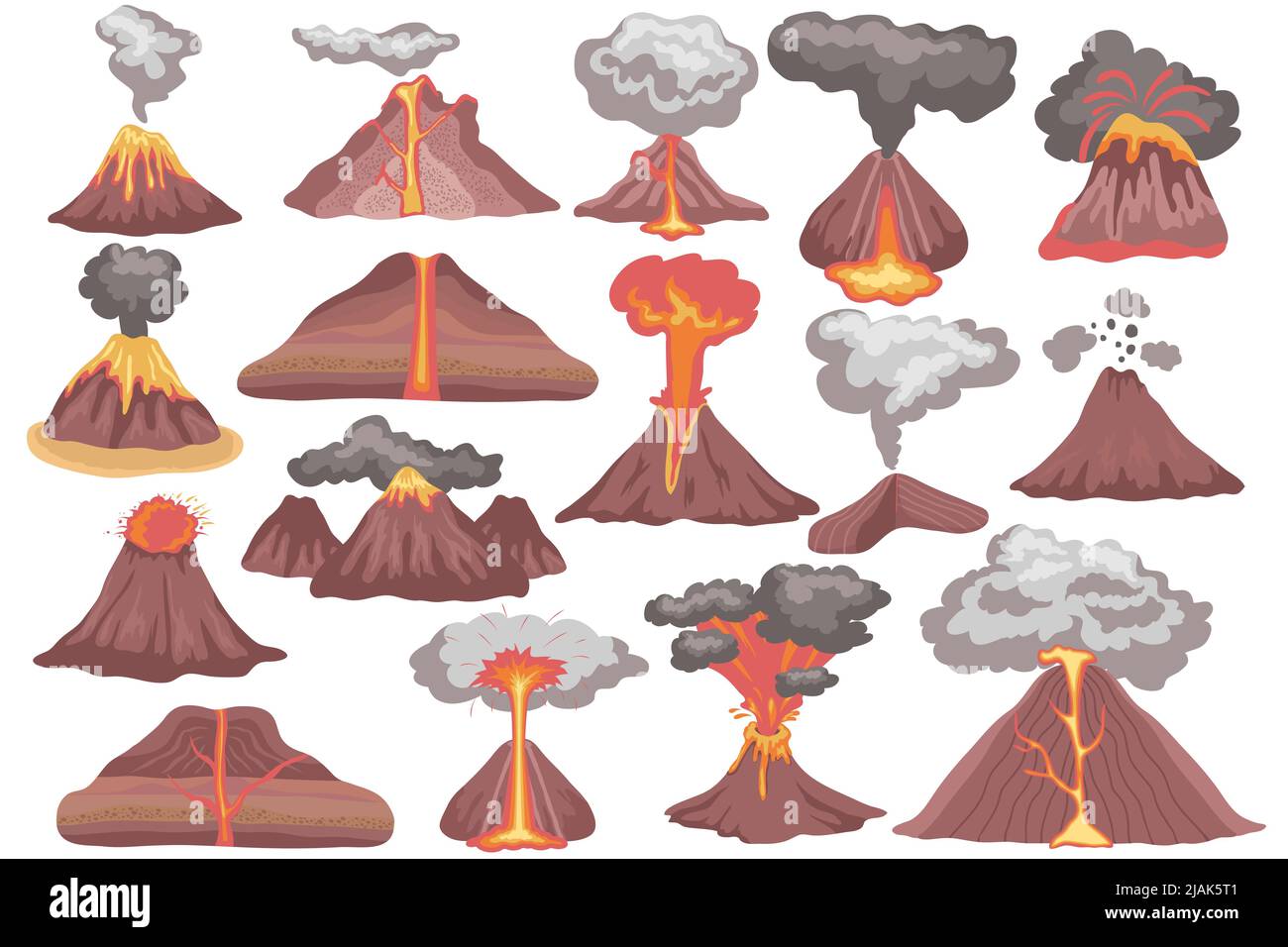 Volcano eruption flat set of isolated icons with mountains covered with streams of lava and smoke vector illustration Stock Vector