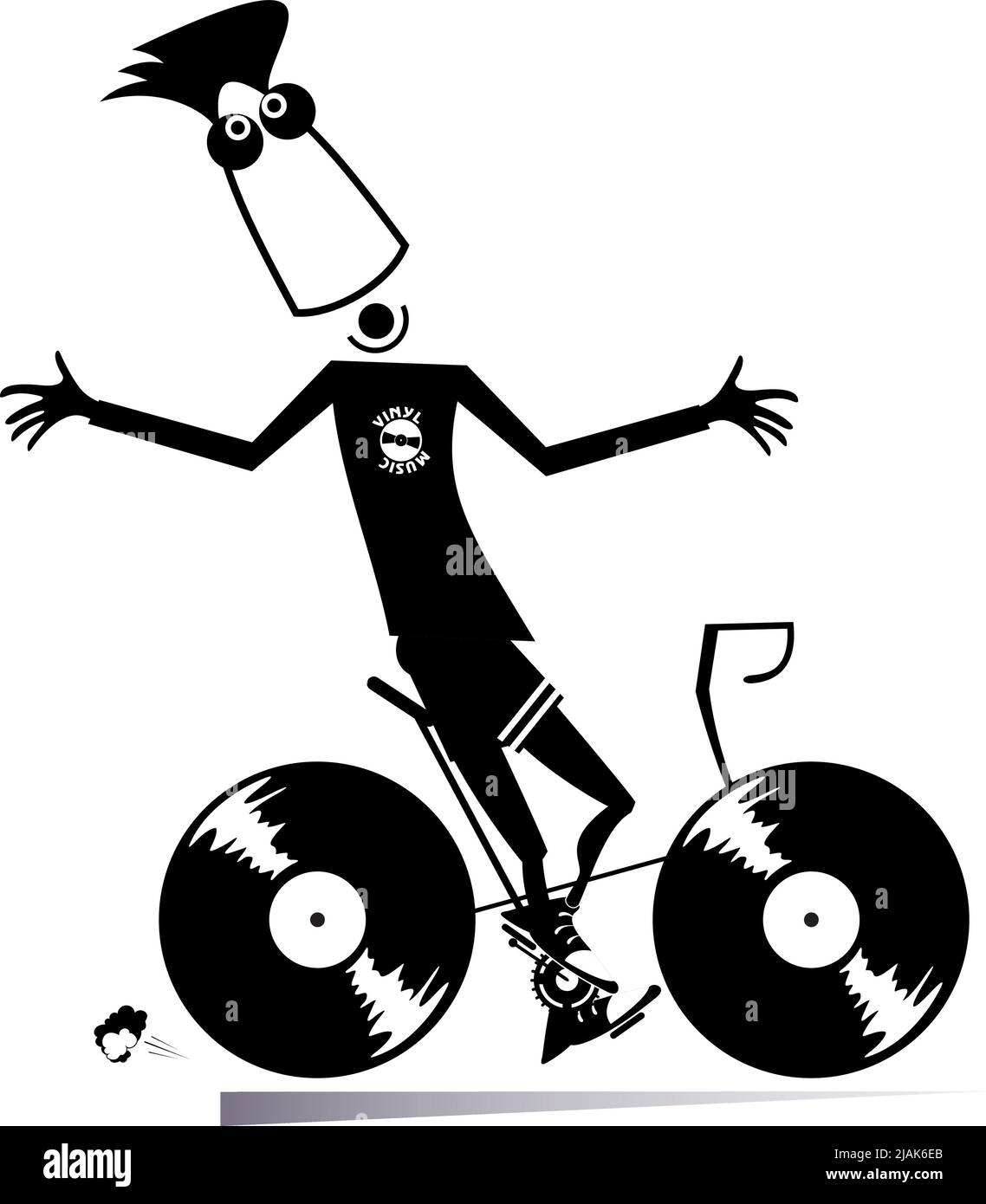 Cartoon Rapper Riding A Record Cartoon DJ concept. Funny person rides on the bike with vinyl records ...