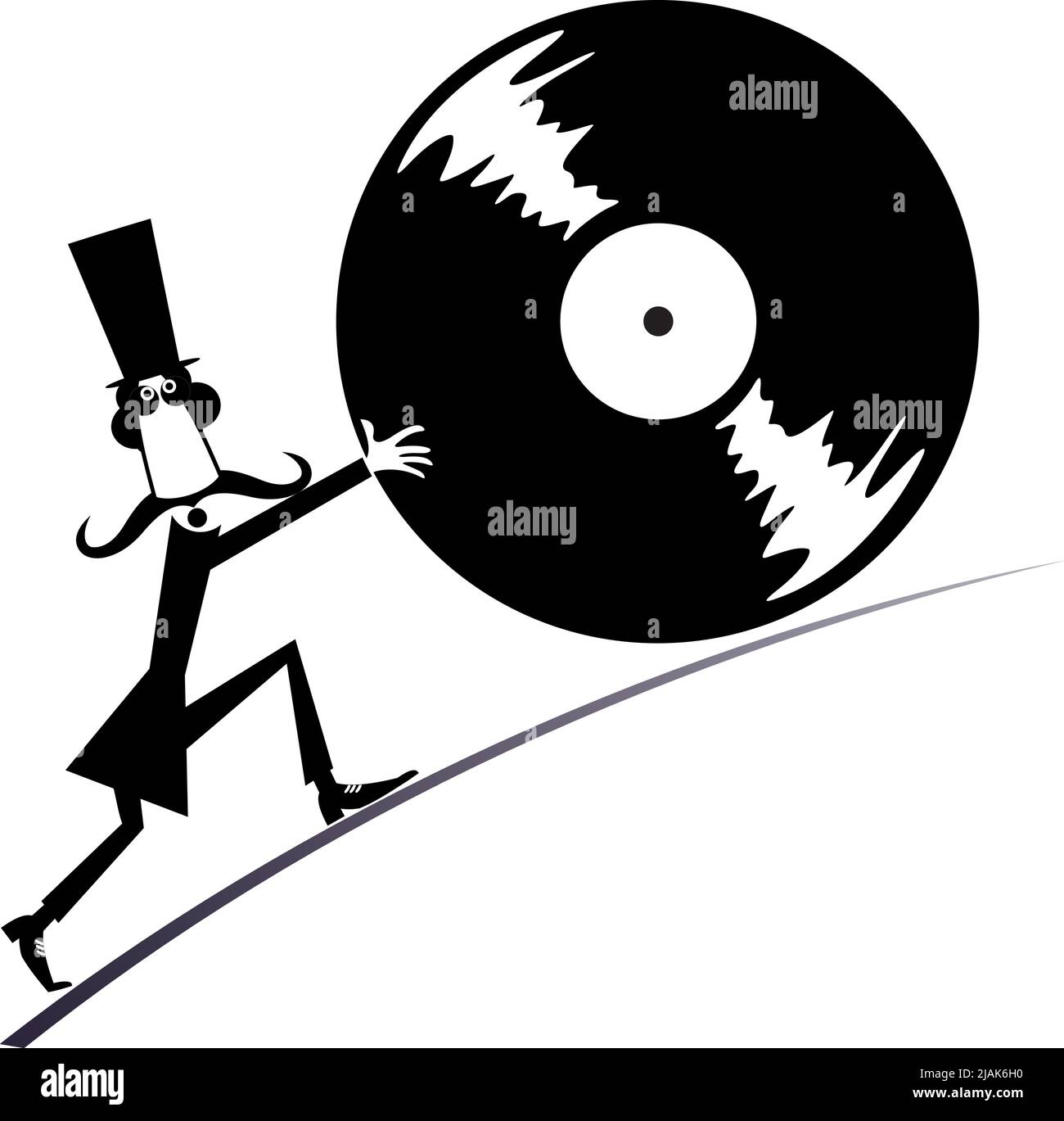 Cartoon man with long play record concept. Funny long mustache person in the top hat pushing big vinyl record. Black on white background Stock Vector