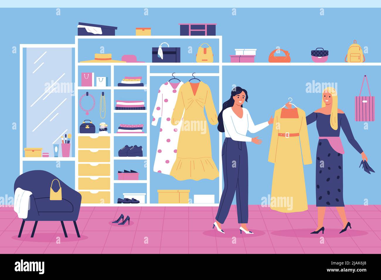 Young woman choosing wardrobe together with female fashion stylist on background with shelves and racks with clothes accessories cosmetics flat vector Stock Vector