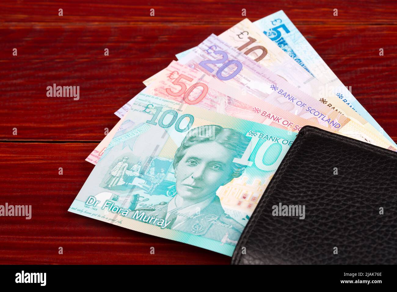 Scottish money - Pounds in the black wallet Stock Photo