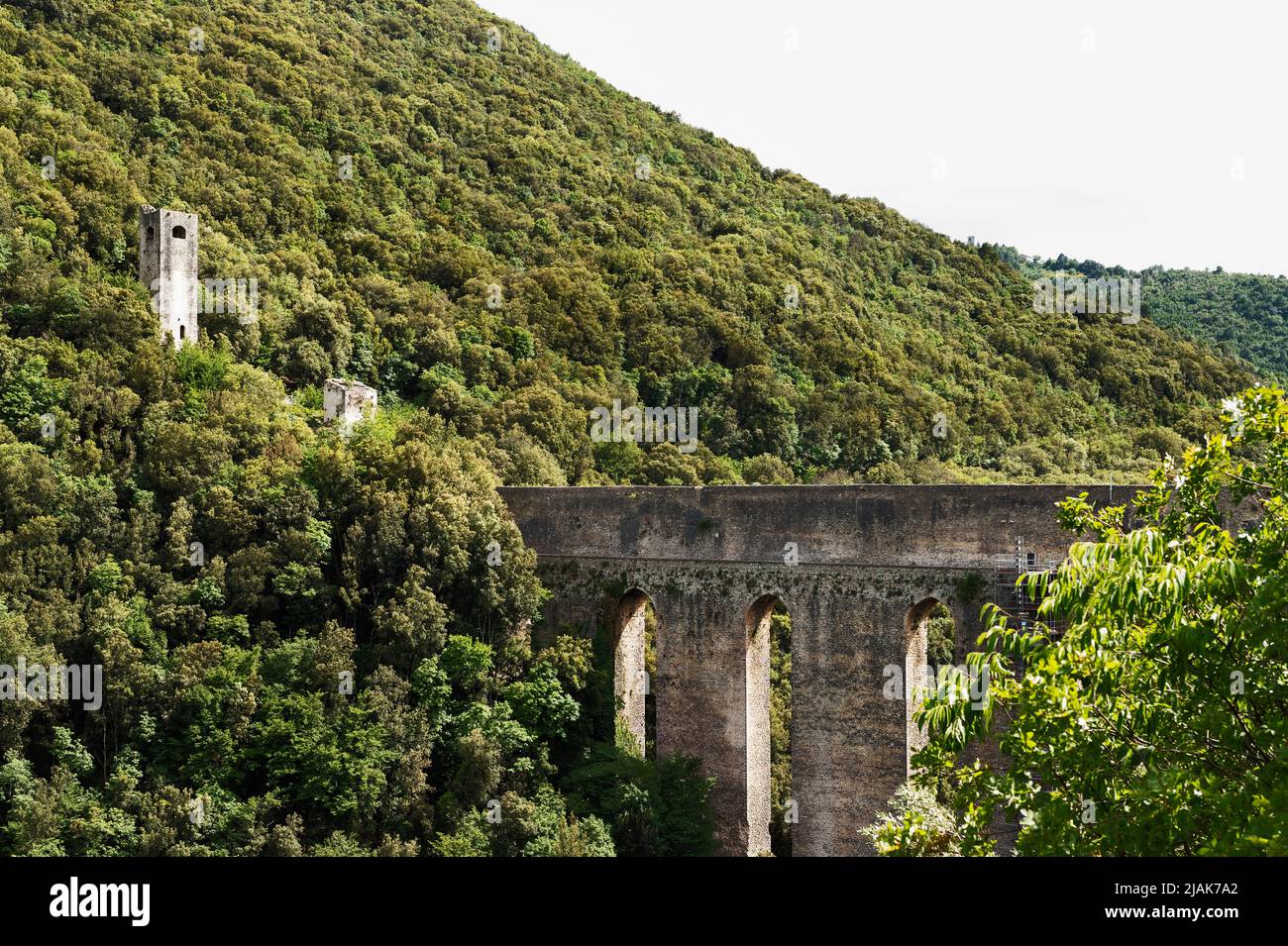 Spoleto , Italy , Ponte delle Torri , arched  bridge of towers  in limestone , it worked as aqueduct and bridge Stock Photo