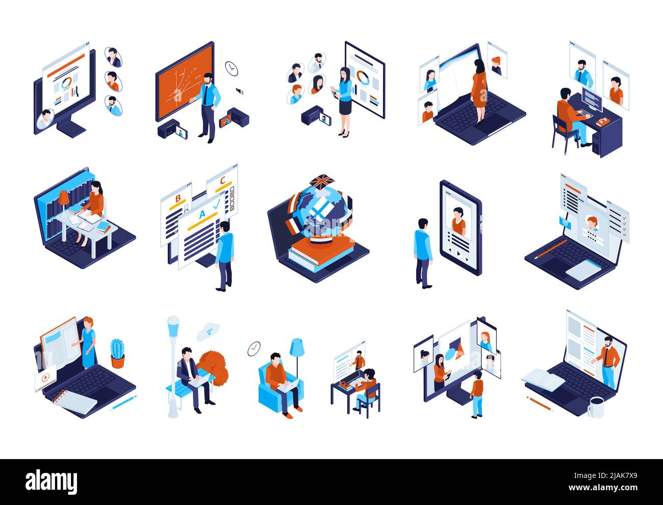Isometric online education set with teachers electronic devices and ...