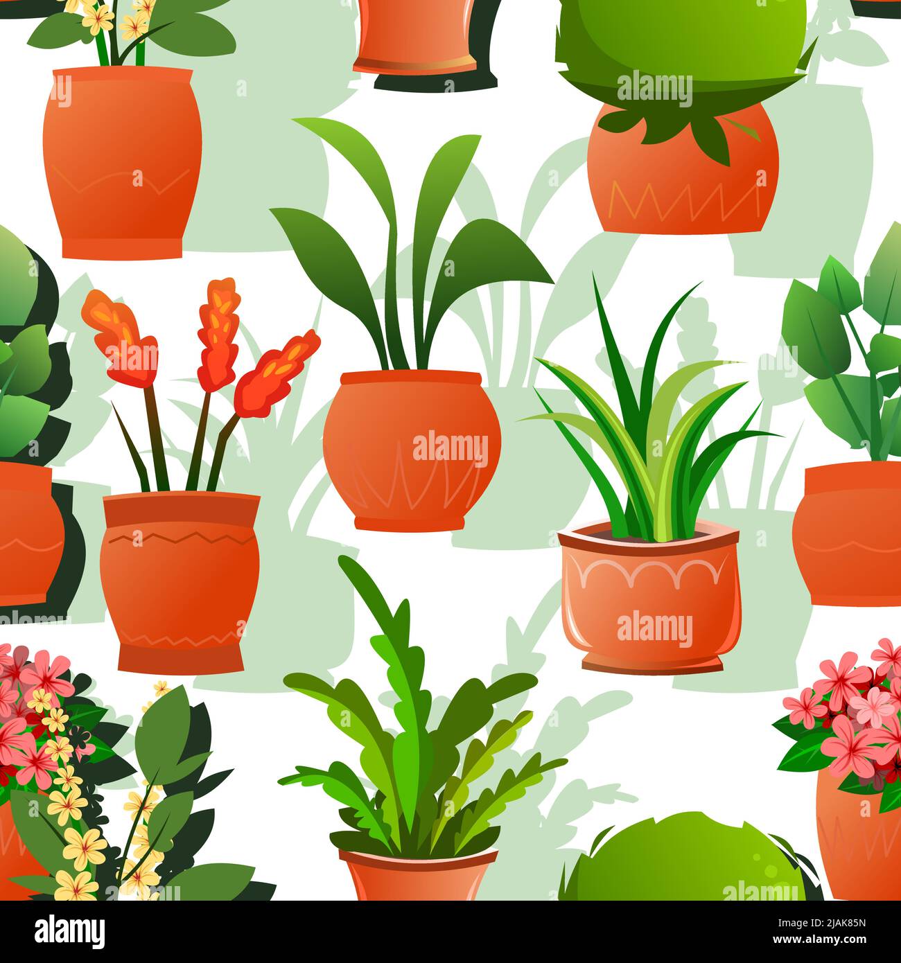 Indoor plants and flowers. In ceramic pots. Homemade beautiful herbs. Seamless pattern. Isolated on white background. Cartoon fun style. Vector. Stock Vector
