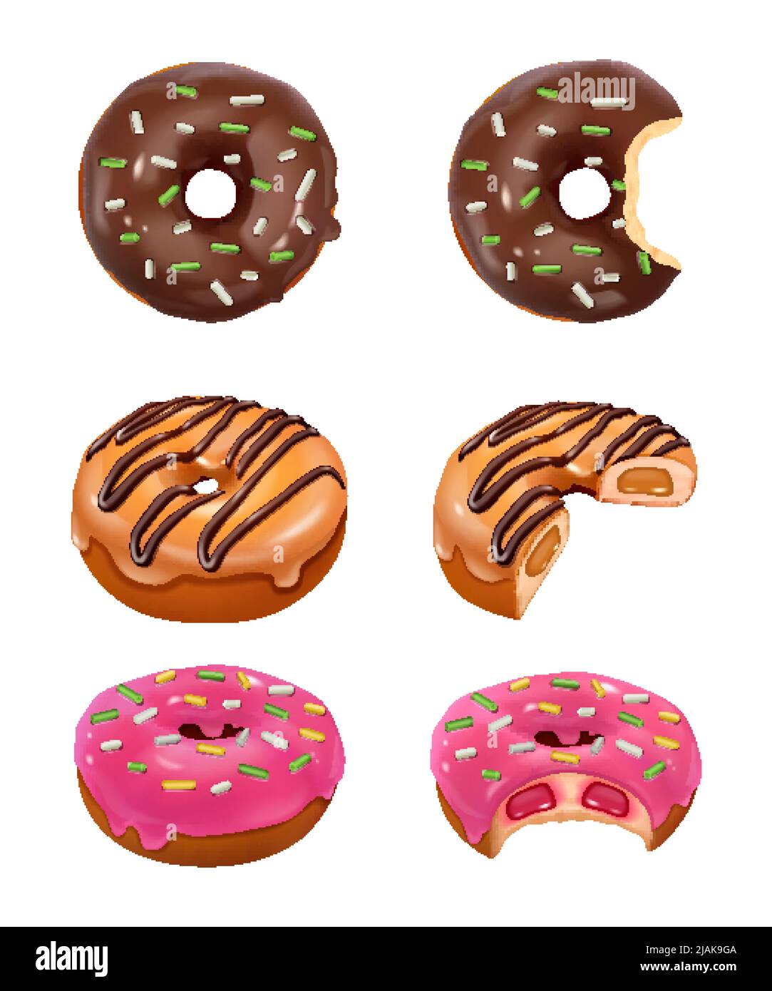 Whole and bitten off donuts realistic set with chocolate and pink glaze and colored sprinkles isolated vector illustration Stock Vector
