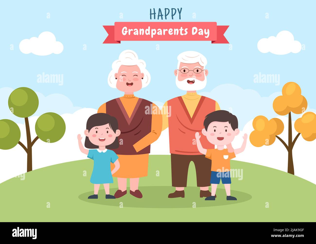 Happy Grandparents Day Cute Cartoon Illustration with Grandchild, Older