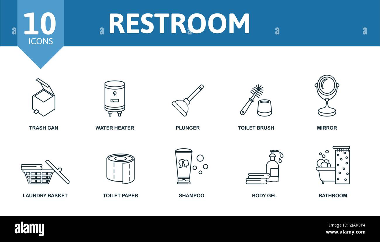 Restroom set icon. Editable icons restroom theme such as trash can ...
