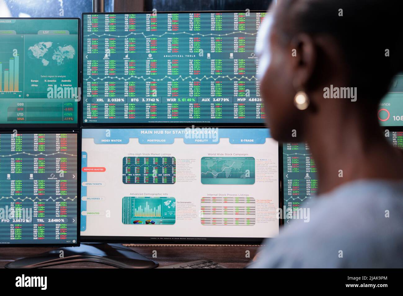 Close up shot of forex stock market investor sitting in front of multi display workstation. Business company financial advisor reviewing hedge fund value growth while analyzing real time data. Stock Photo