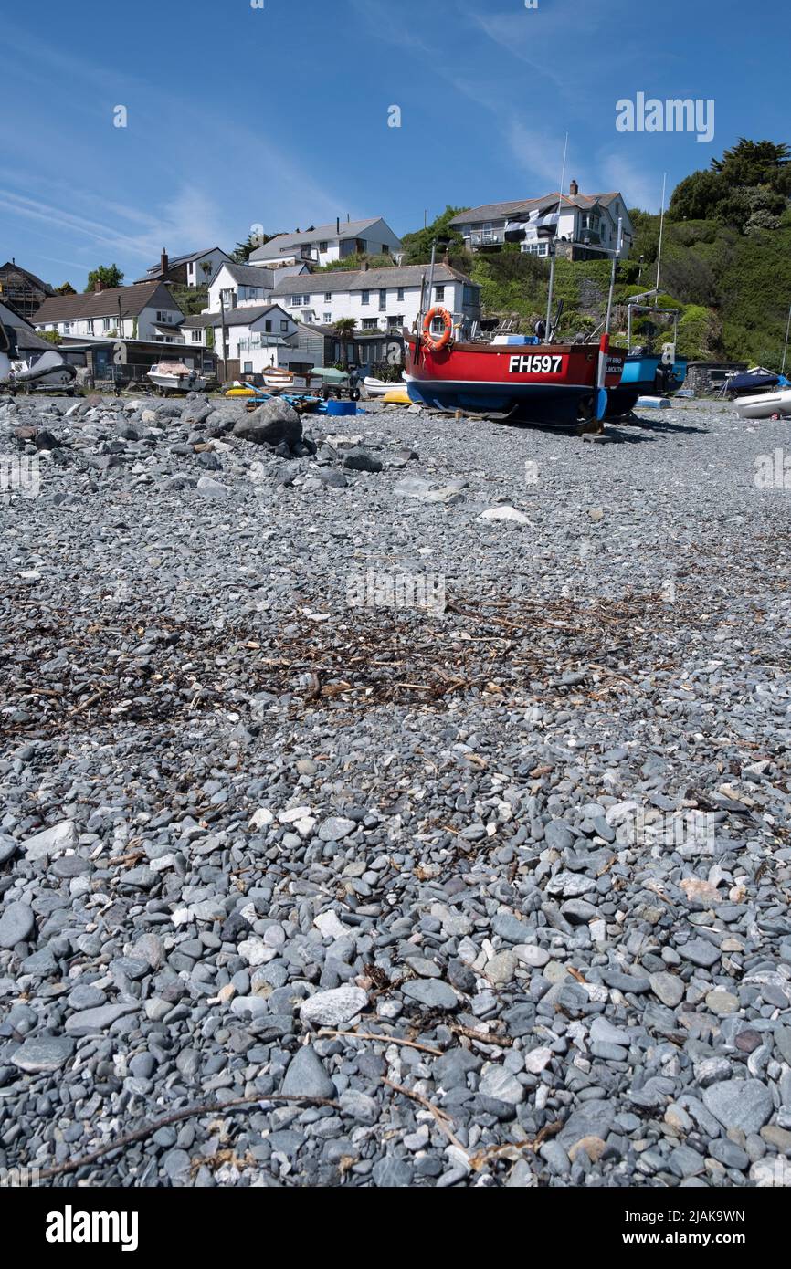 The rocky beach at Porthallow, Cornwall a small fishing community on the south coast of the British Isles. Stock Photo
