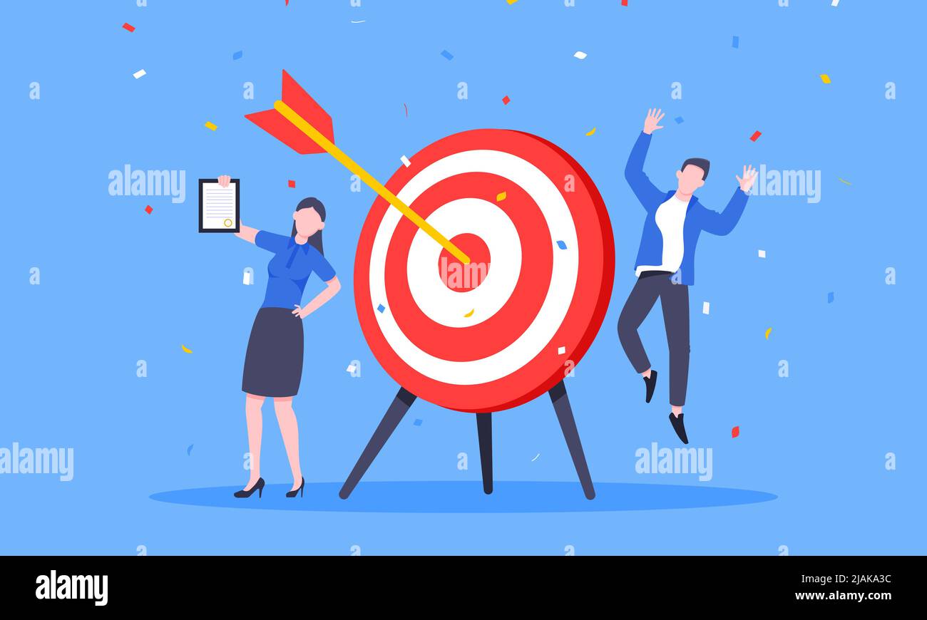 Goal achievement business concept sport target icon and arrow in the  bullseye. Happy people jump in the air near giant target flat style design  vector Stock Vector Image \u0026 Art - Alamy, image size:1300x870