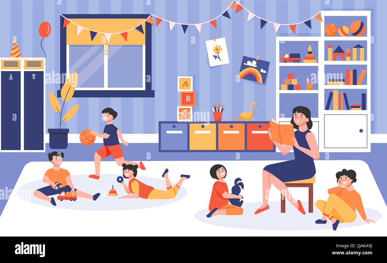 Kindergarten composition with playing room interior with children lying