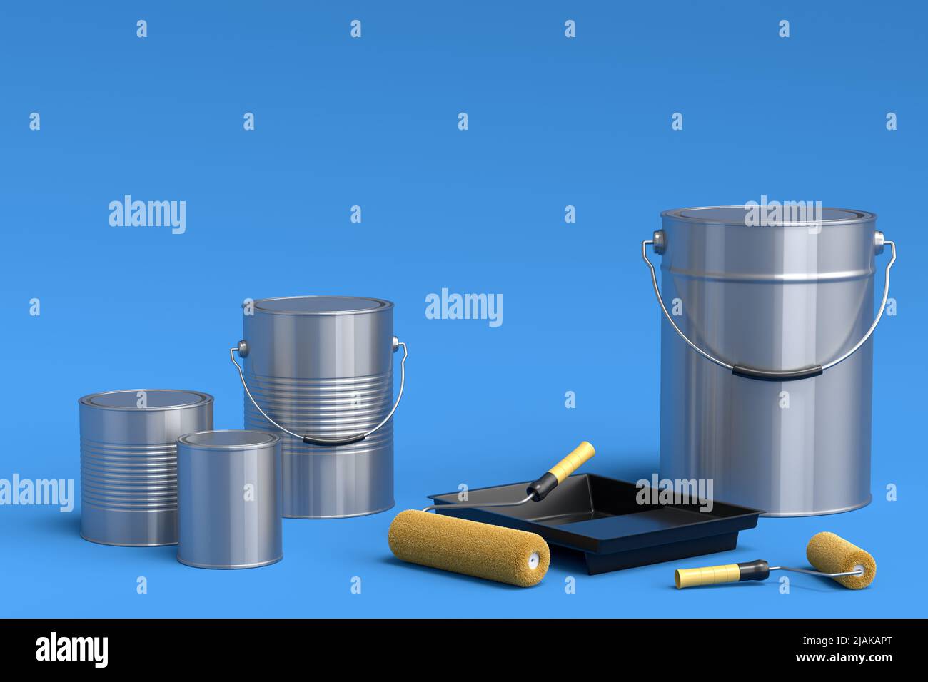 Set of metal cans or buckets with paint roller and tray for painting