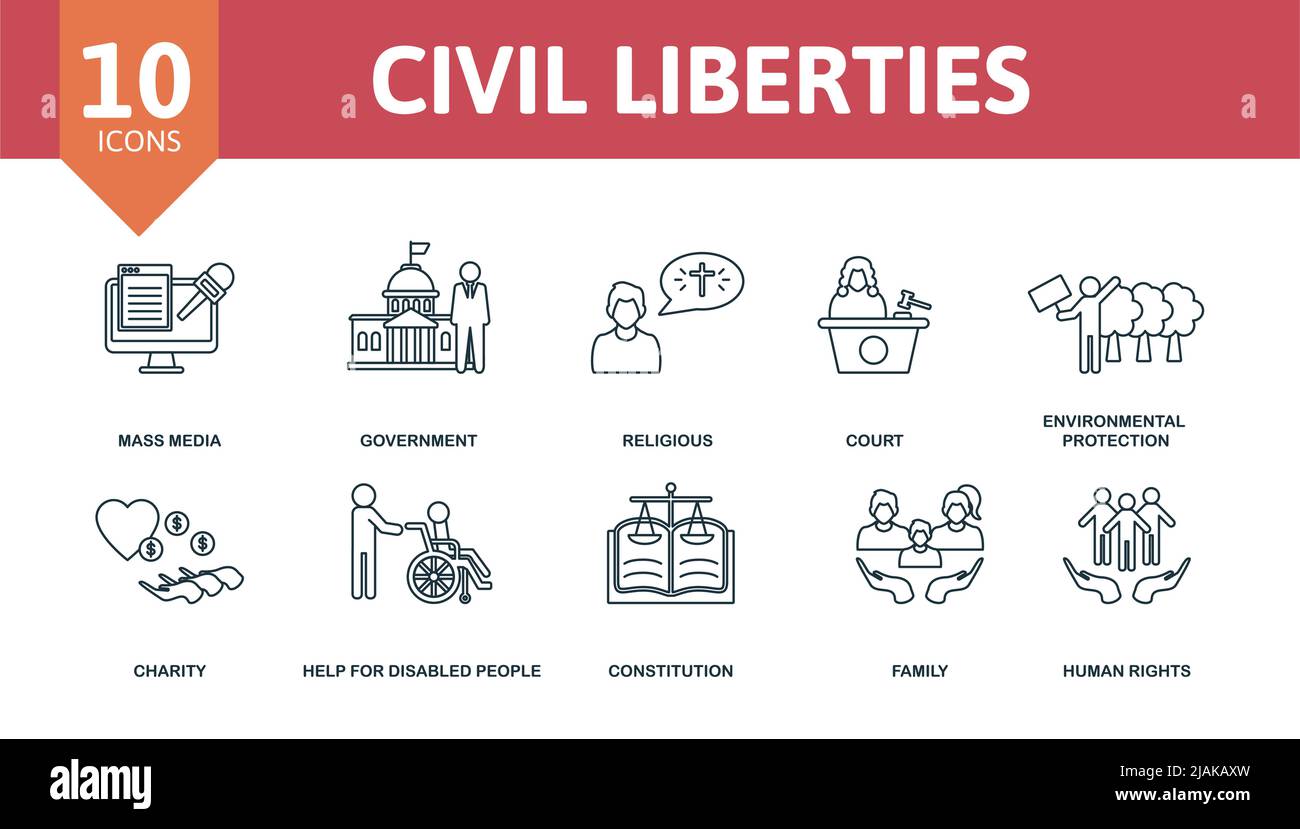 Civil Liberties set icon. Editable icons civil liberties theme such as mass media, religious, environmental protection and more. Stock Vector