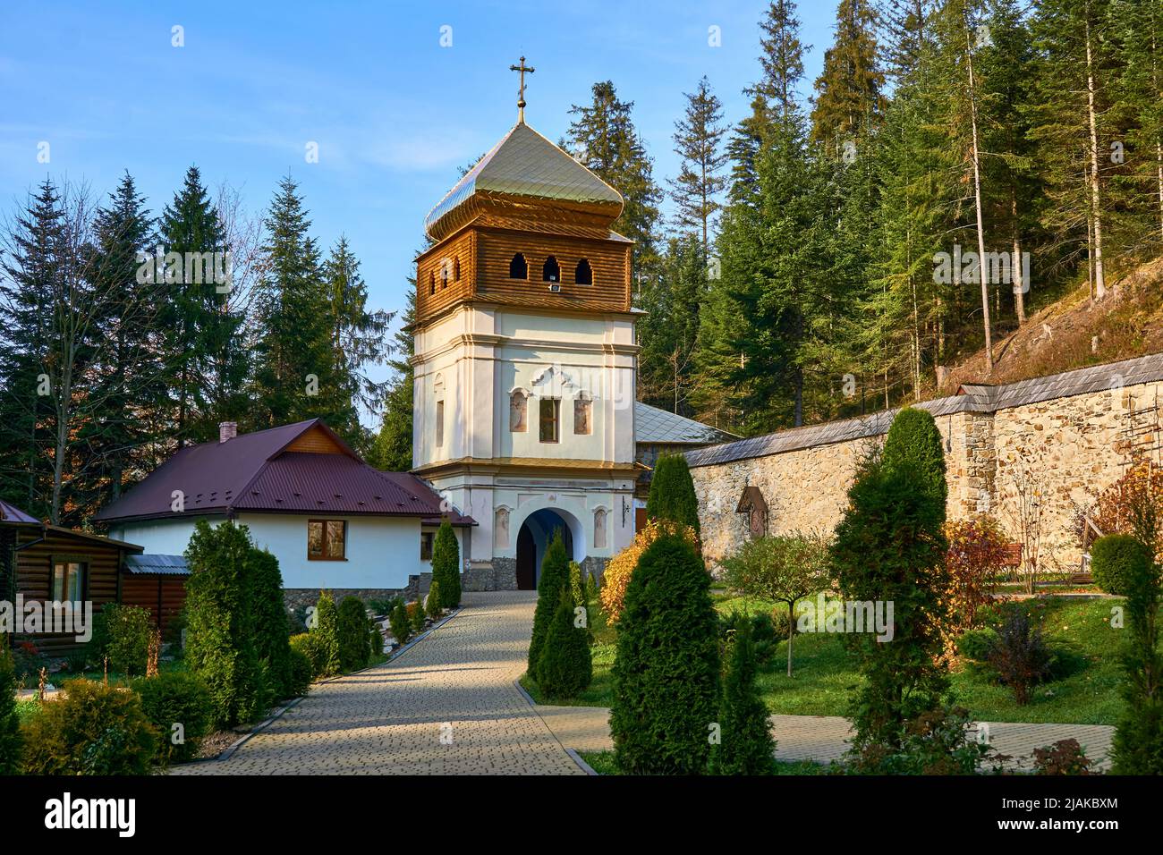 The Manyava Monastery mountain vast forests. National Park Carpathians Ukraine Stock Photo