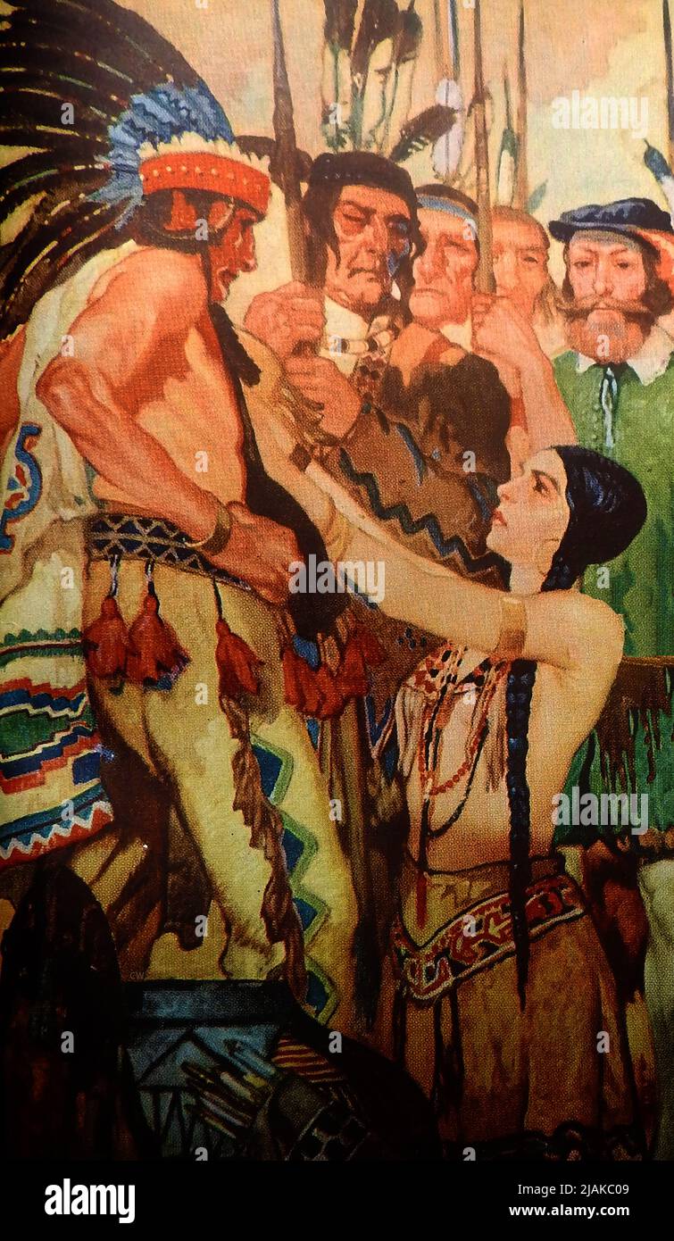 A 1940's illustration - Pocahontas begging her father chief Powatan (or Powhatan) for the life of John Smith Stock Photo