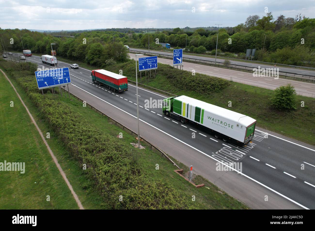 junction of the M25 motorway with the M1 motorway UK drone aerial view Stock Photo