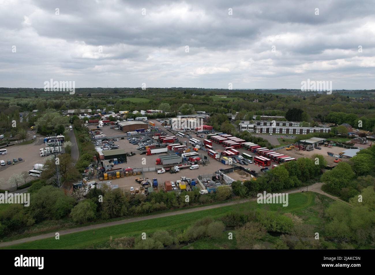 Bus depot  South Mimms Services  junction of the M25 motorway with the M1 motorway UK drone aerial view Stock Photo