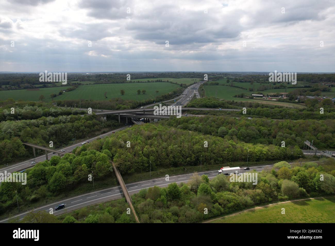 junction of the M25 motorway with the M1 motorway UK drone aerial view Stock Photo