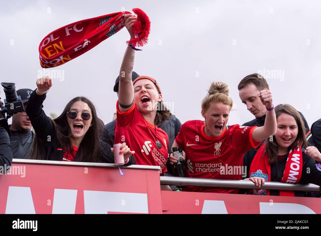 Women's team bus of Liverpool Football Club victory parade through the streets of the city celebrating the FA Women's Championship trophy Stock Photo