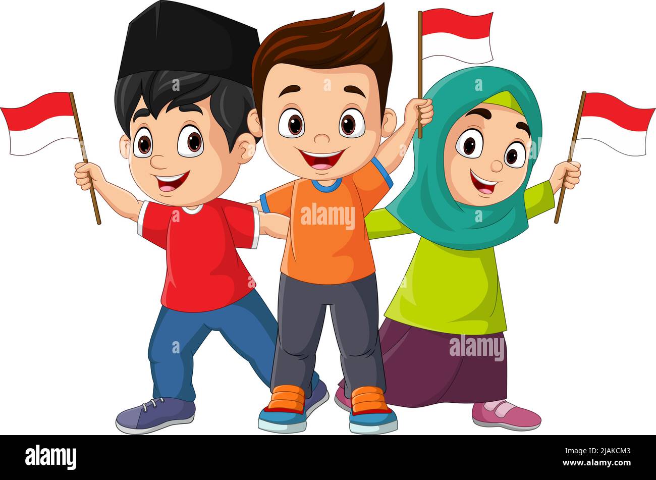 Group of children holding an Indonesian flag Stock Vector