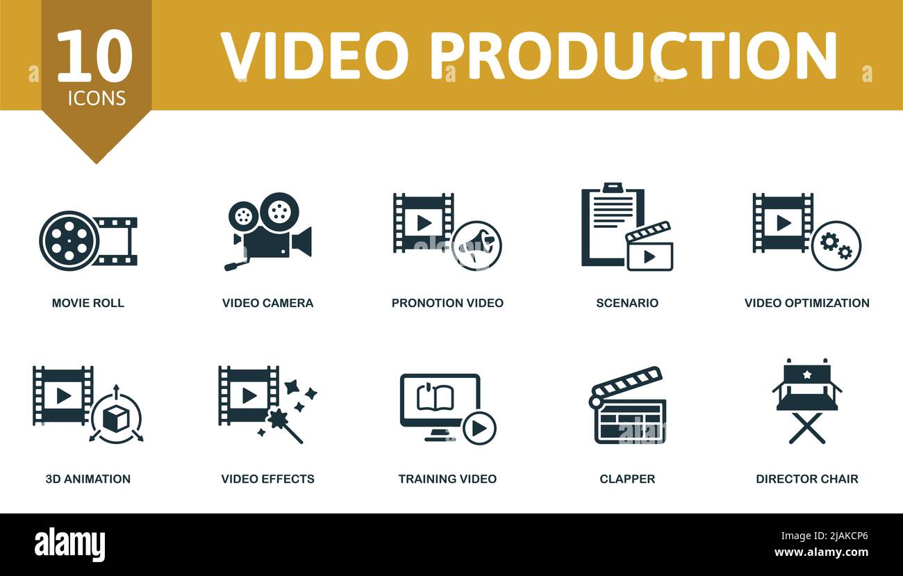 Video Production set icon. Contains video production illustrations such as video  camera, scenario, 3d animation and more Stock Vector Image & Art - Alamy