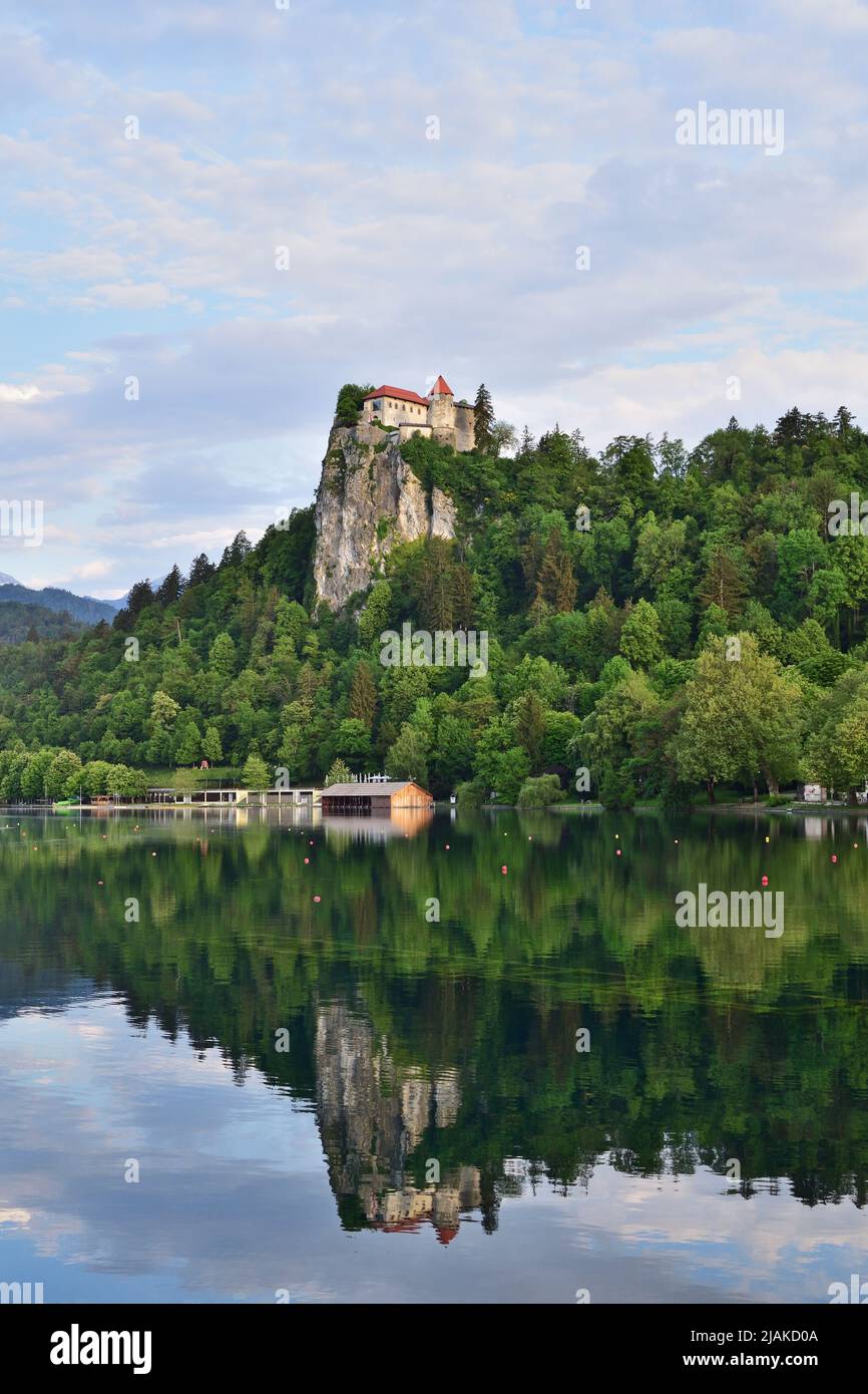 Iconic Bled Castle overlooking Lake Bled Stock Photo