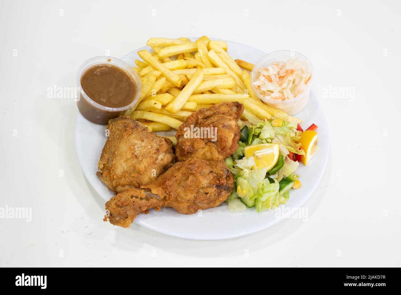 Yorkshire, UK – 18 March 2019: delicious fried chicken and chips from Dixy Chicken, Doncaster Stock Photo