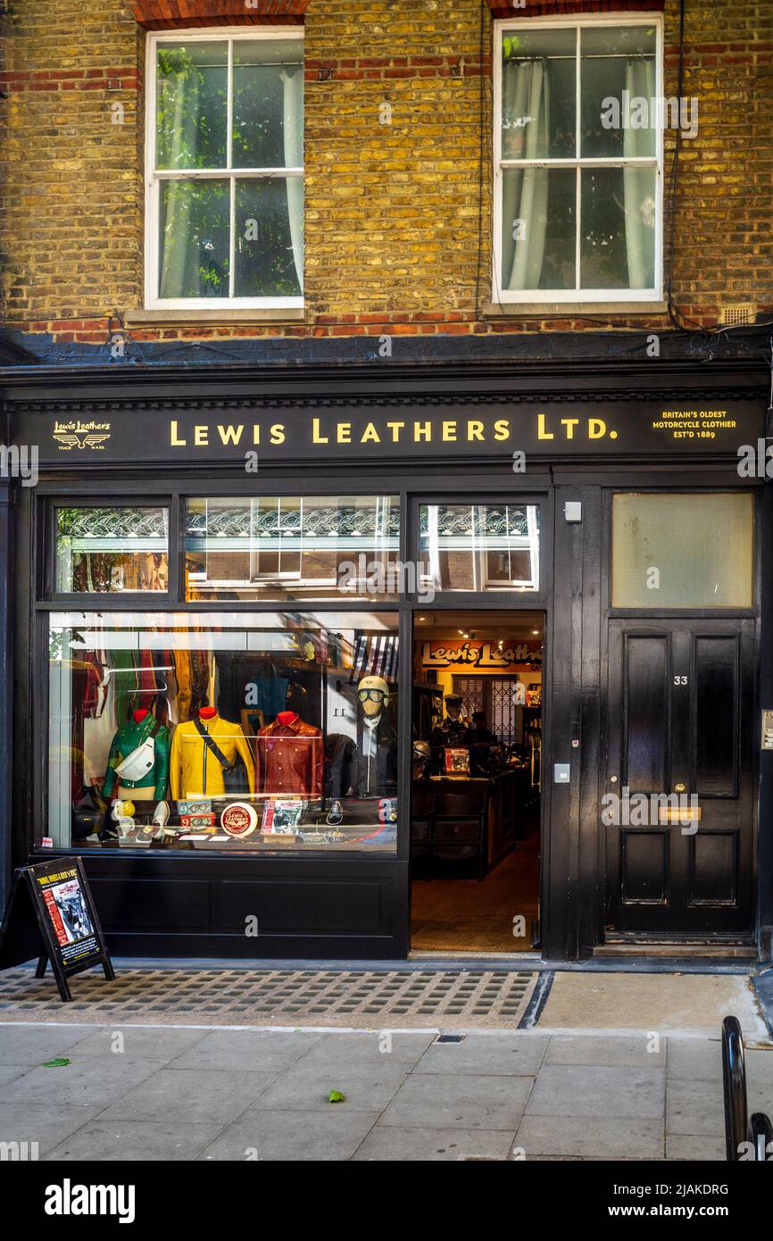 Lewis Leathers London - Lewis Leathers Store at 33 Windmill St selling classic bikers' jackets, gloves and boots. British company founded 1892. Stock Photo