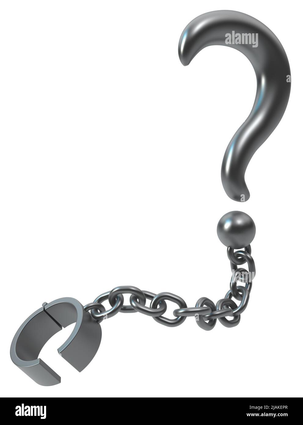 Shackles chain question mark point grey metal 3d illustration, isolated