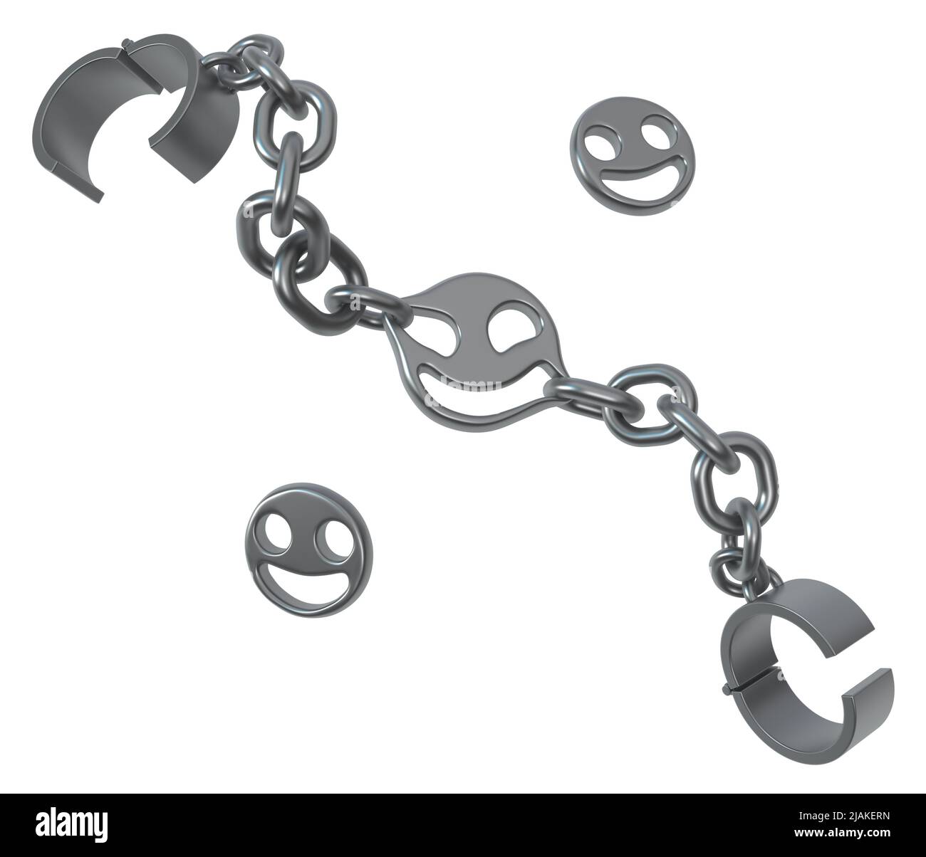 Shackles chain smiles discs grey metal 3d illustration, isolated, horizontal, over white Stock Photo