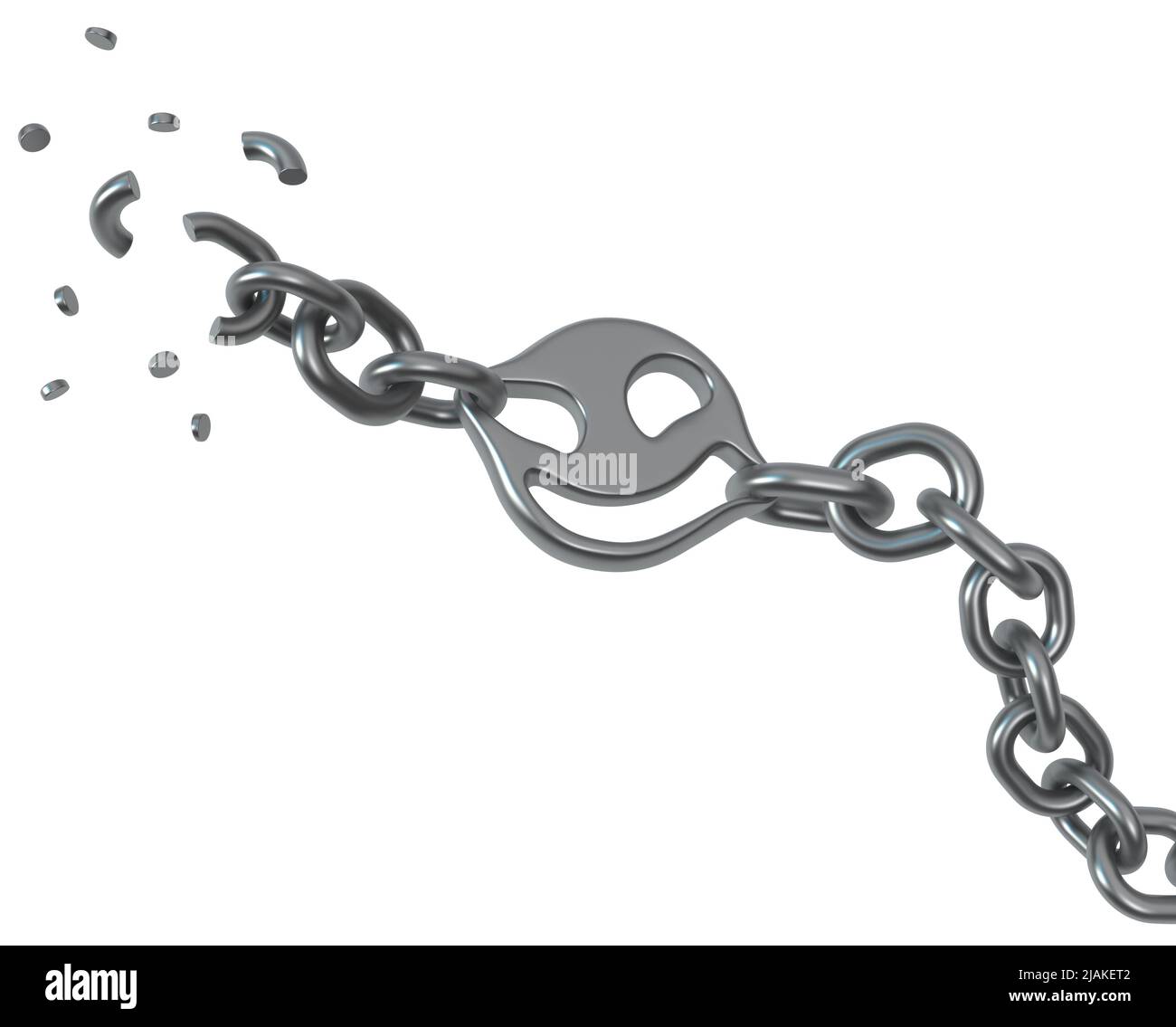 Breaking chain smile disc, dark grey metal 3d illustration, isolated, horizontal, over white Stock Photo